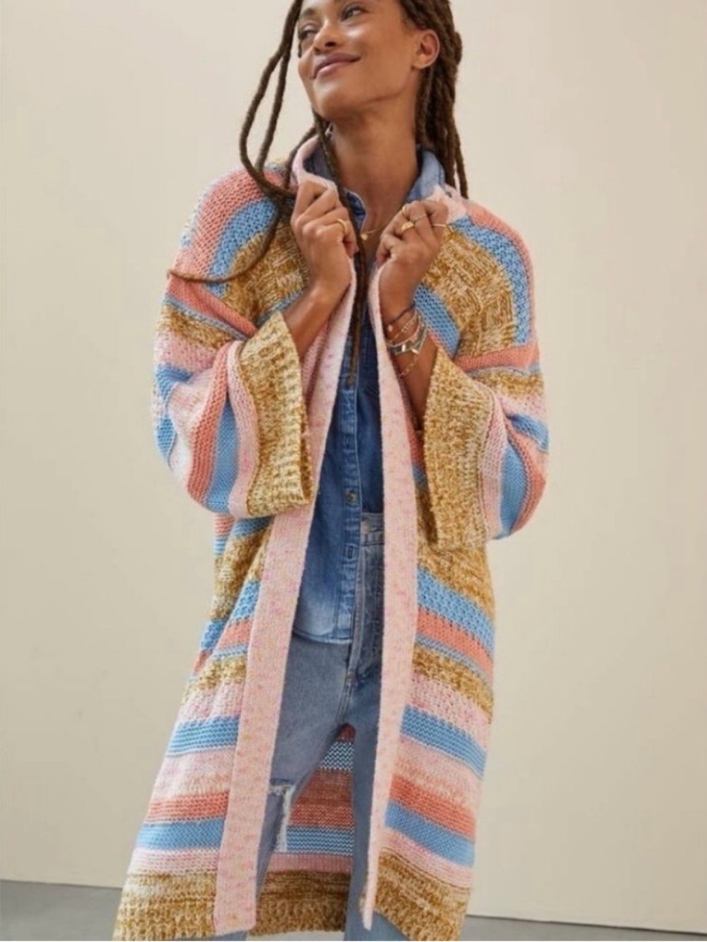 ArthropolStriped Open-Front Long Cardigan Sweater in Pastel Blue, Pink, and Gold